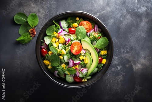 Spring vegan salad with spinach, cherry tomatoes, corn salad, baby spinach, cucumber and red onion. Healthy food concept.Top view.