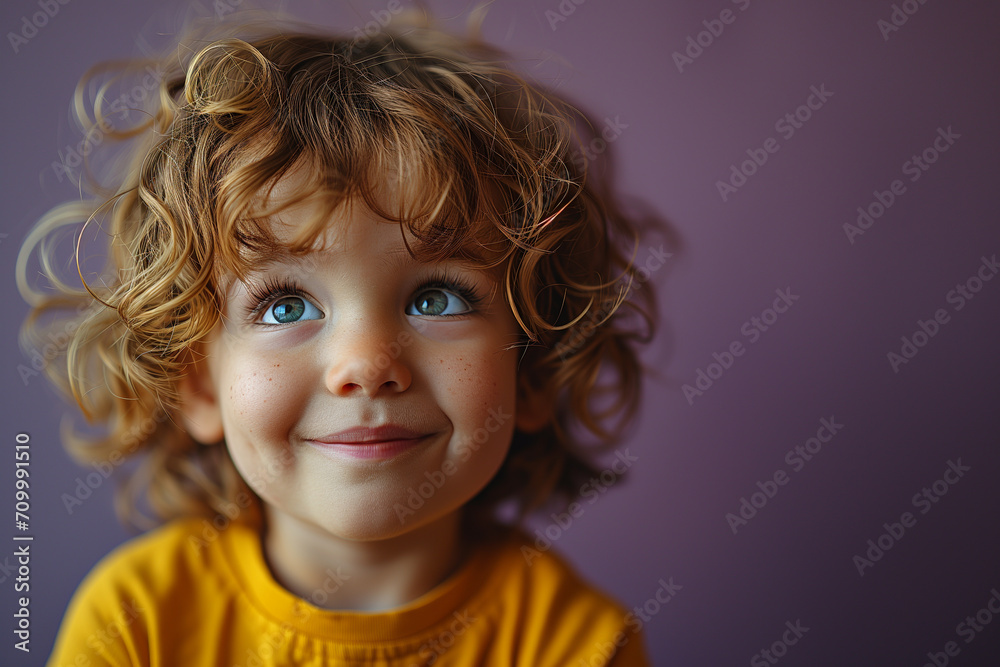 Portrait of beautiful cheerful little boy with flying curly hair smiling laughing looking at camera over purple background. Portrait of beautiful cheerful little boy with flying curly hair smiling laughing looking at camera over purple background.
