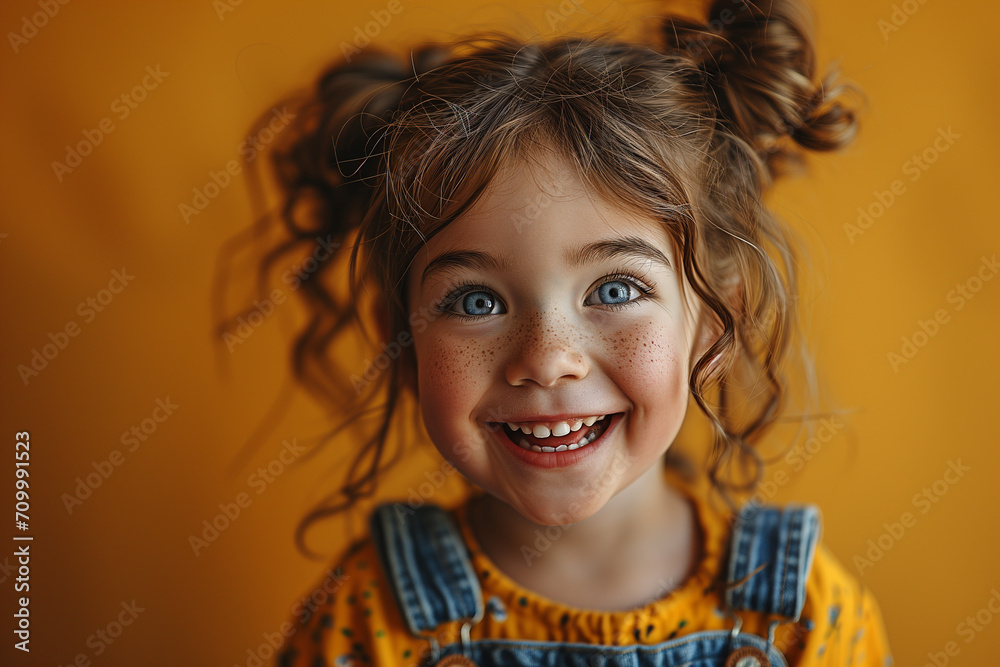 Portrait of beautiful cheerful little girl with flying curly hair smiling laughing looking at camera over yellow background. Portrait of beautiful cheerful little girl with flying curly hair smiling laughing looking at camera over yellow background.