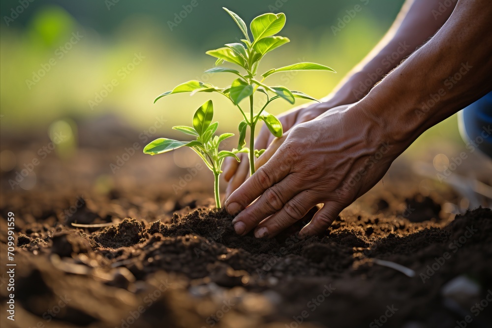 Fototapeta premium Close-up of farmers hands planting young seedlings in ground with warm sunlight