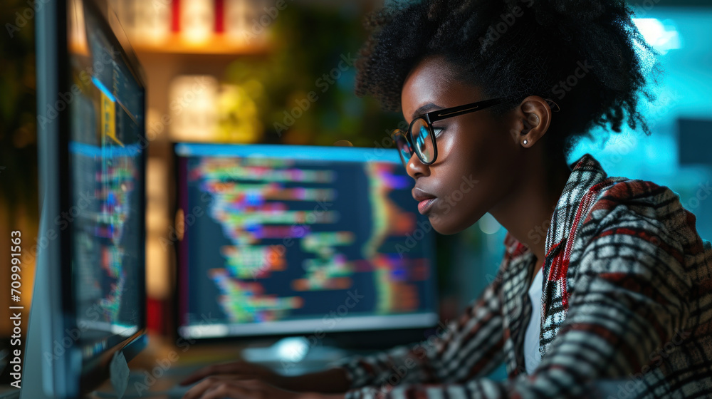 Afro woman programmer using computer working in the office