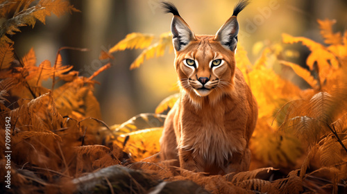 A caracal in the autumn forest and foliage around it. Ai generated. photo