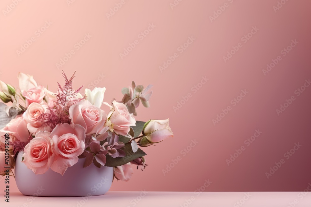 Beautiful spring flowers in vase on color background, closeup . Springtime Concept. Mothers Day Concept with a Copy Space. Valentine's Day with a Copy Space.	
