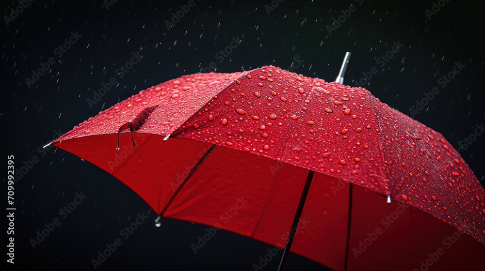 Red Umbrella and Rain Against Black Background