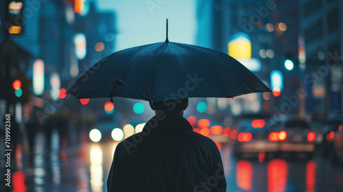 Wallpaper Mural Rear view of male holding umbrella in rainy city Torontodigital.ca