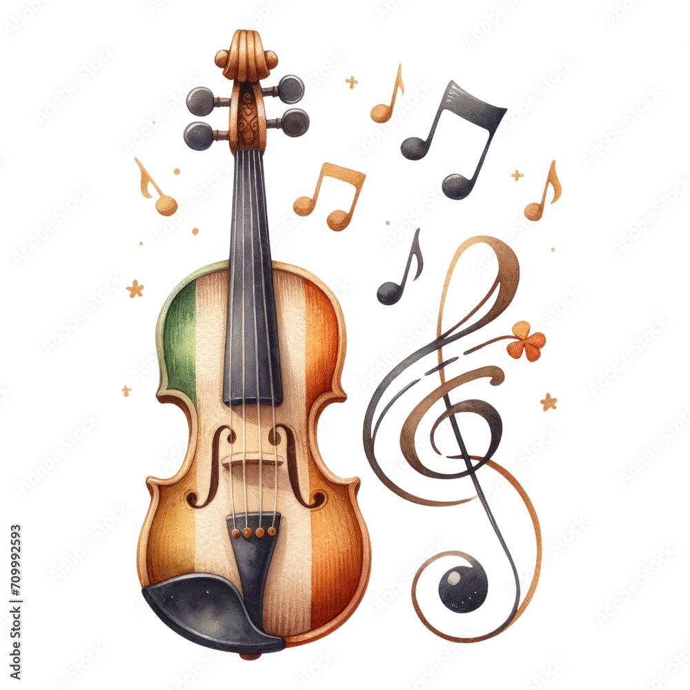 Naklejka premium Watercolor Irish fiddle and musical notes,St. Patrick's Day Celebrations - Illustration Isolated on Transparent Background