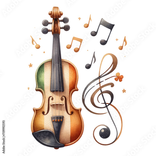  Watercolor Irish fiddle and musical notes,St. Patrick's Day Celebrations - Illustration Isolated on Transparent Background photo