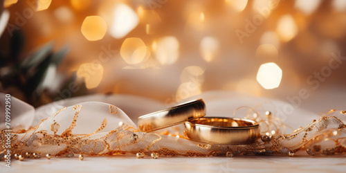 Designer wedding rings with stones, diamonds on a beautiful background with golden bokeh.