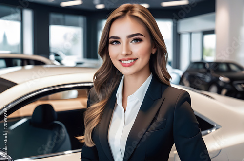 Car saleswoman in luxury showroom, car dealer business © Link Parker