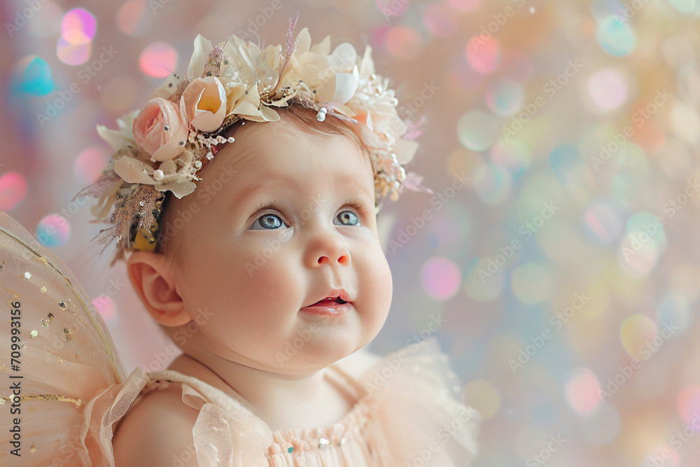 Newborn baby girl wearing fairy wings and floral wreath Newborn baby girl wearing fairy wings and floral wreath