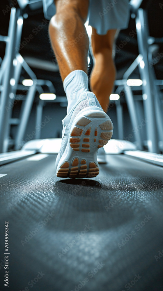 Close up of feet, sportsman runner running on treadmill in fitness club. Cardio workout. Healthy lifestyle, guy training in gym. - obrazy, fototapety, plakaty 