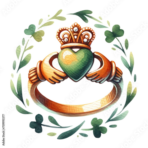 Watercolor Claddagh ring , St. Patrick's Day Celebrations - Illustration Isolated on Transparent Background photo