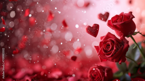 Valentine card with red roses  rose petals