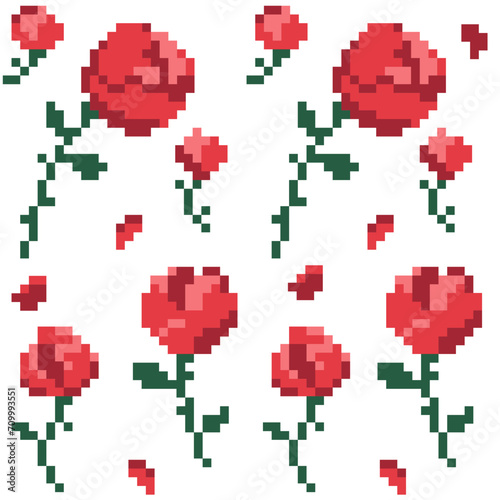 Roses pixel art style seamless fashion trend romantic pattern fabric textures, pixel art vector illustration. Design for women's day, greeting card, web and mobile app.