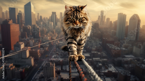 Perfectly balancing cat walking on a rope against the backdrop of a city at high altitude photo