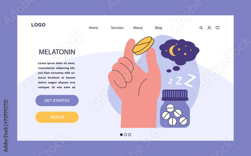 Melatonin pill web or landing. Human hand holding synthetic melatonin medicine, nature's sleep aid leading to tranquil night and restful dreams. The remedy to insomnia. Flat vector illustration.