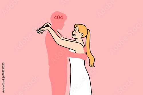 Lonely woman hugs fictional man, experiencing psychological distress due to absence of boyfriend. Lonely girl invented non-existent groom with number 404 on head needs help of psychotherapist
