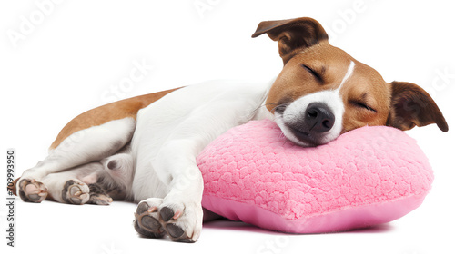 Dog sleeping on heart shaped pink pillow isolated on white Background, Valentine's Day Concept