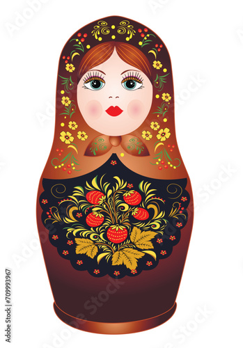 Beautiful Russian doll matryoshka painted Khokhloma vector. Retro souvenir from Russia. Present. Slavic symbol. Folk arts and crafts. Vector 