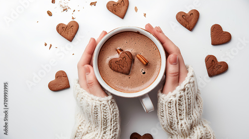 Female hands holding a cup of hot chocolate with heart-shaped cookies isolated on a white background, Valentine's day concept photo