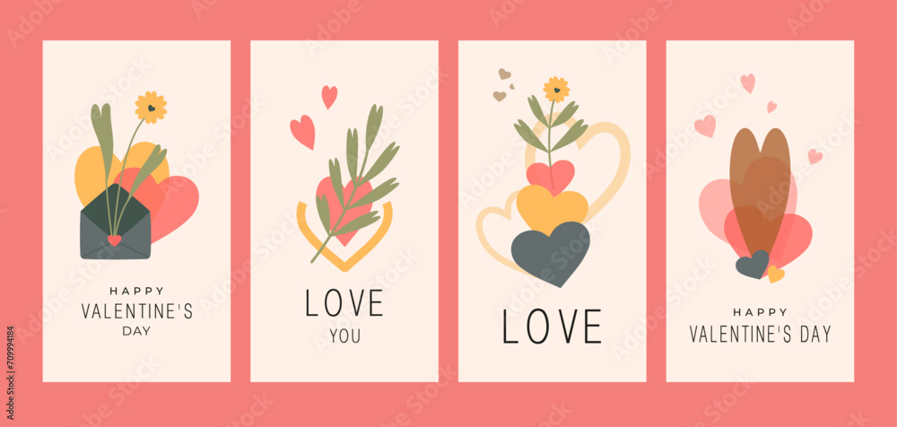 Greeting card for Valentine's Day with abstract hearts in retro style. Happy Valentine's Day, wedding invitation. Set of vintage cards. Flat style. Vector illustration.