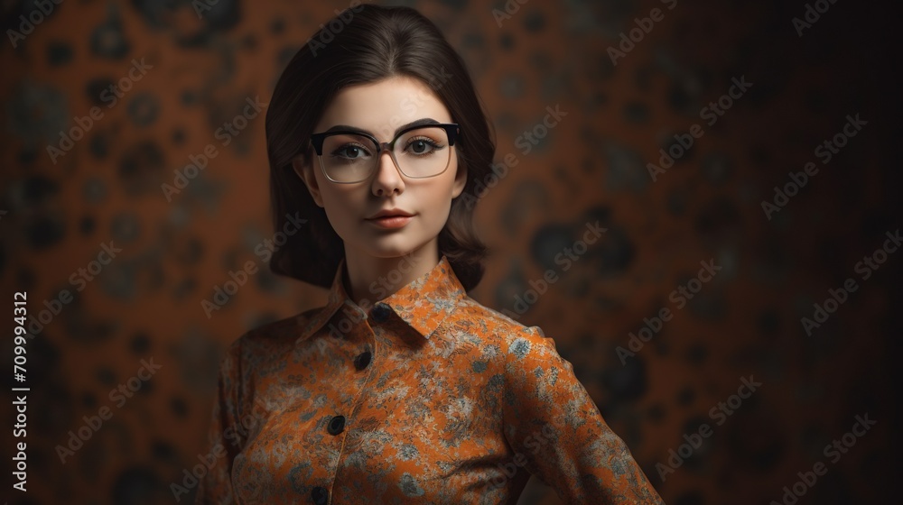 Portrait of young woman with hairstyle in 60s retro style.