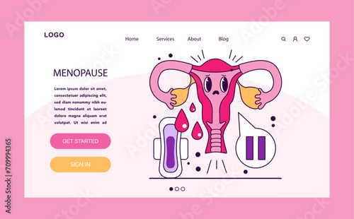 Menopause web or landing. Ovum character charting hormonal shifts. Female reproductive organ, uterus with a pause sign. End of a woman's menstrual cycle. Reproductive health. Flat vector illustration.
