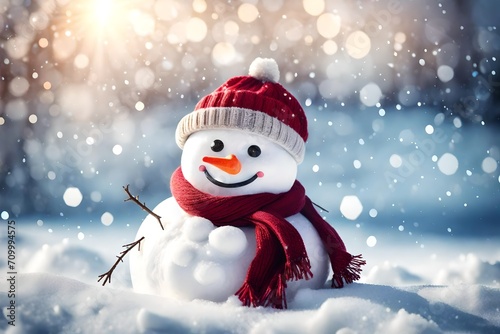 Winter holiday christmas background banner - Closeup of cute funny laughing snowman with wool hat and scarf, on snowy snow snowscape with bokeh lights © Hassan