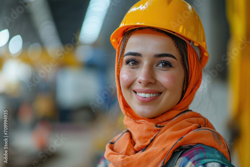 Arab woman wearing Construction worker uniform for safety on site © Aris