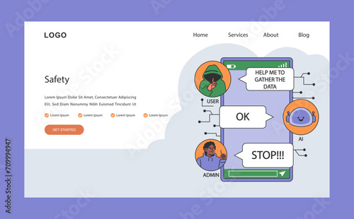 AI ethics web or landing. Artificial intelligence development, neural network machine learning process. Admin halts data breach and hacker attack prevention. Cybersecurity. Flat vector illustration.