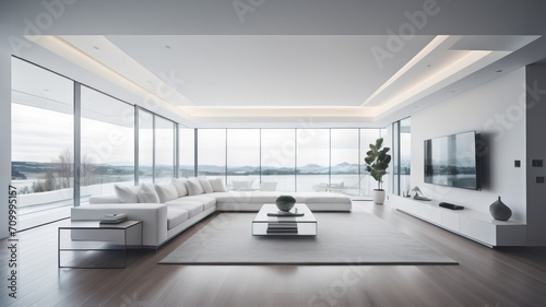 Interior of modern white living room panorama