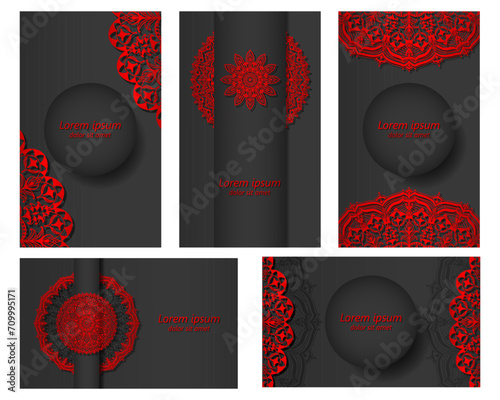 Set of five ethnic backgrounds in black with red mandala. Luxury ornament in the design of cards, invitations, flyers, covers, packages.