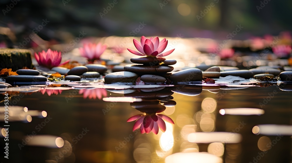 Serene Pond Abundant With Rocks and Pink water lily Flowers with reflections and bokeh, perfect for spring meditation and mindfulness Serene Pond Abundant With Rocks and Pink water lily Flowers with reflections and bokeh, perfect for spring meditation and mindfulness