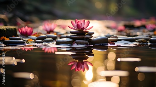 Serene Pond Abundant With Rocks and Pink water lily Flowers with reflections and bokeh  perfect for spring meditation and mindfulness