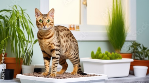 The Ocicat cat sitting in cozy interior background with litter box, pet toilet care concept.