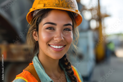 Hispanic woman wearing Construction worker uniform for safety on site