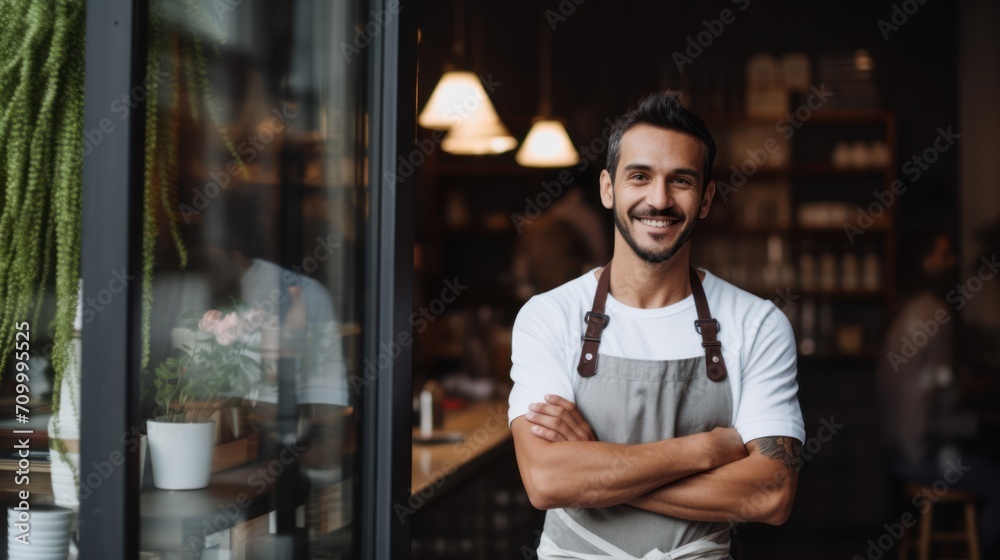 Portrait of a happy owner standing at the door of cefe shop, a cheerful adult waiter waiting for customers at a coffee shop, successful small business owner, professional, service - obrazy, fototapety, plakaty 