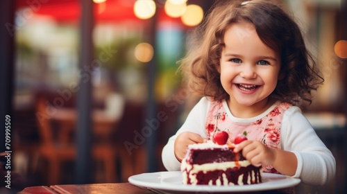 Cute girl eating dessert in a cafe.