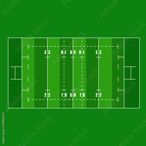 Flat green Rugby field. Top view of rugby field with line template.