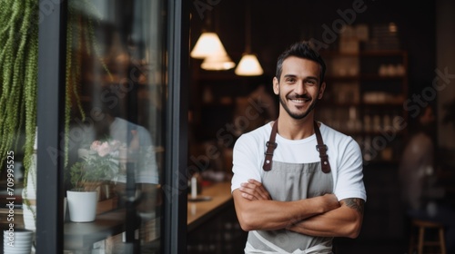 Portrait of a happy owner standing at the door of cefe shop, a cheerful adult waiter waiting for customers at a coffee shop, successful small business owner, professional, service photo