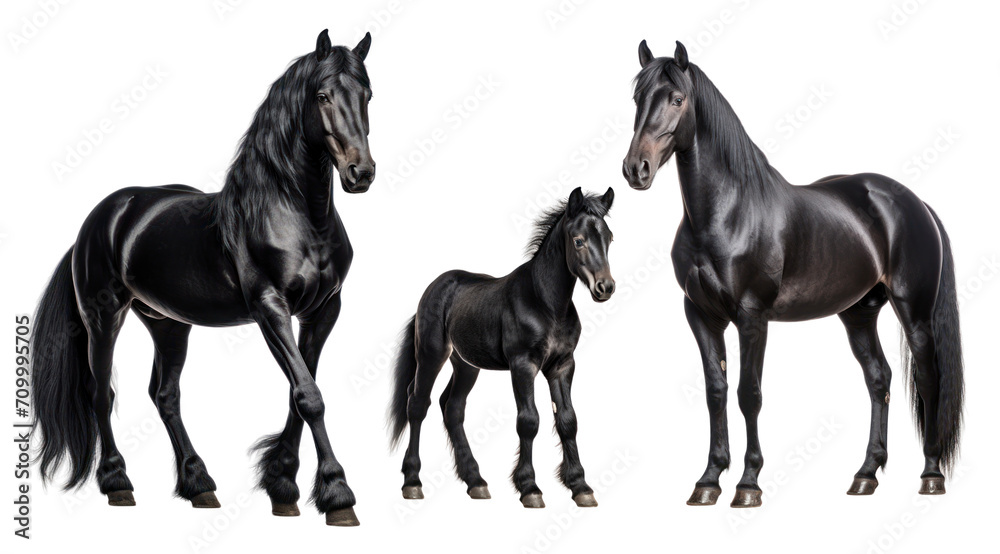 Group of black horses: mare, stallion and foal, animal family isolated on transparent background. PNG clip art elements.
