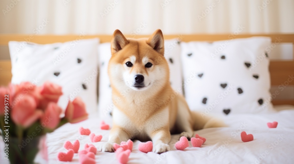 Valentine's day greeting card with happy shiba inu dog in a cozy bedroom. Indoor background.