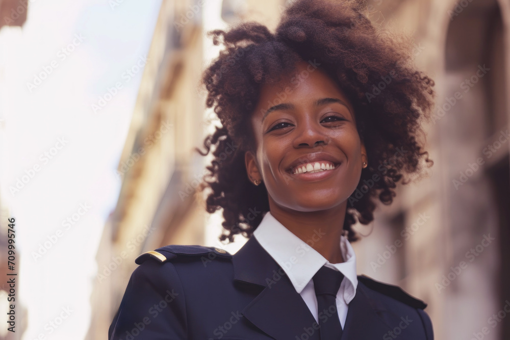Afro woman wearing security guard or safety officer uniform on duty Afro woman wearing security guard or safety officer uniform on duty