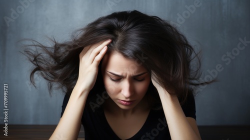woman very sad and upset looking at damaged hair, hair loss, hair thinning problem, vitamin deficiency, baldness, postpartum, biotin, zinc, menstrual or endocrine disorders, hormonal imbalance photo
