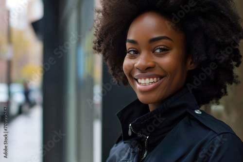 Fototapeta Afro woman wearing security guard or safety officer uniform on duty