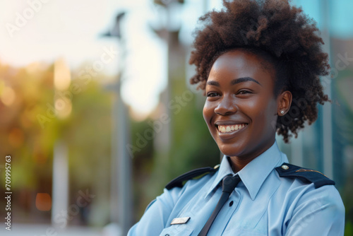 Afro woman wearing security guard or safety officer uniform on duty