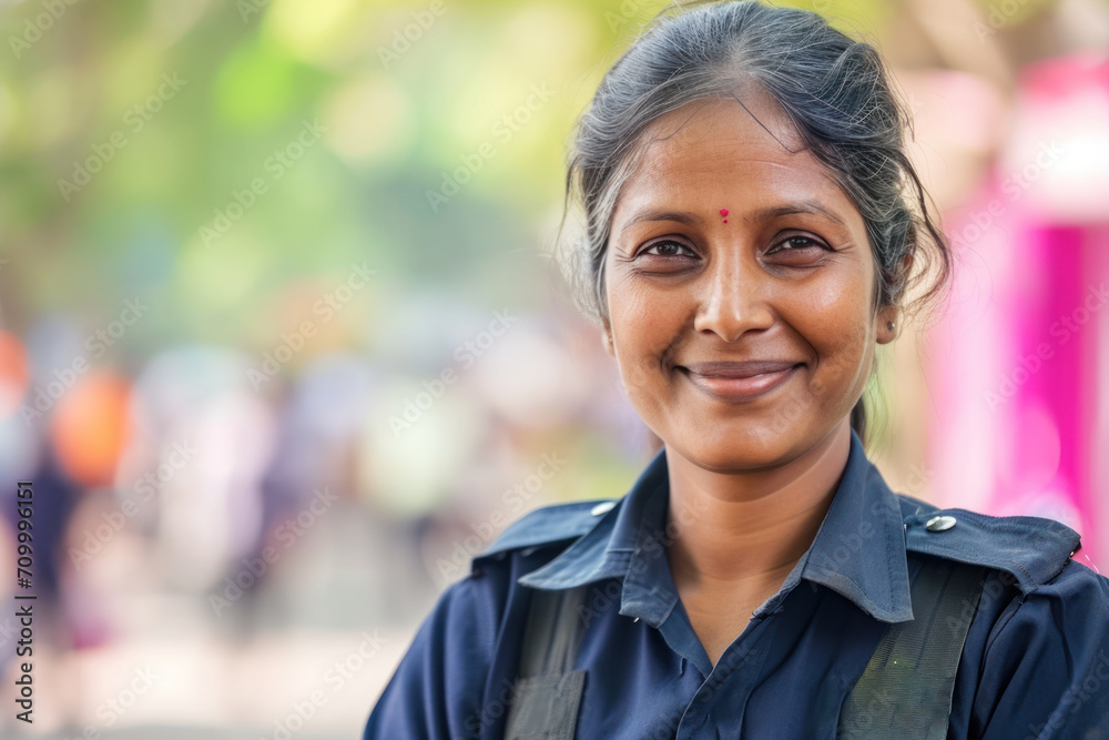 Indian woman wearing security guard or safety officer uniform on duty Indian woman wearing security guard or safety officer uniform on duty