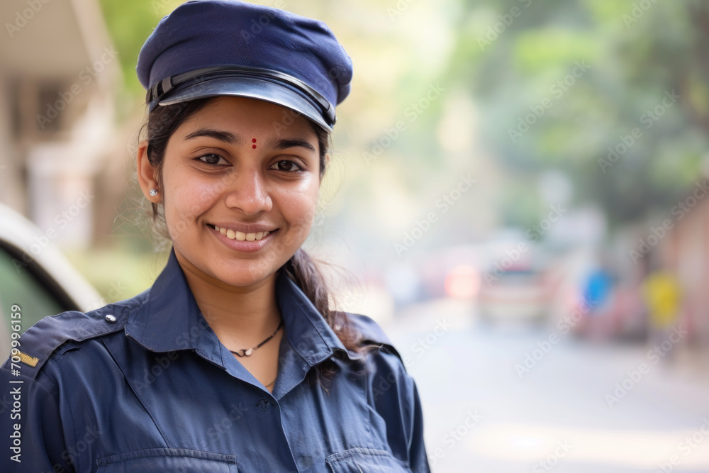 Indian woman wearing security guard or safety officer uniform on duty Indian woman wearing security guard or safety officer uniform on duty