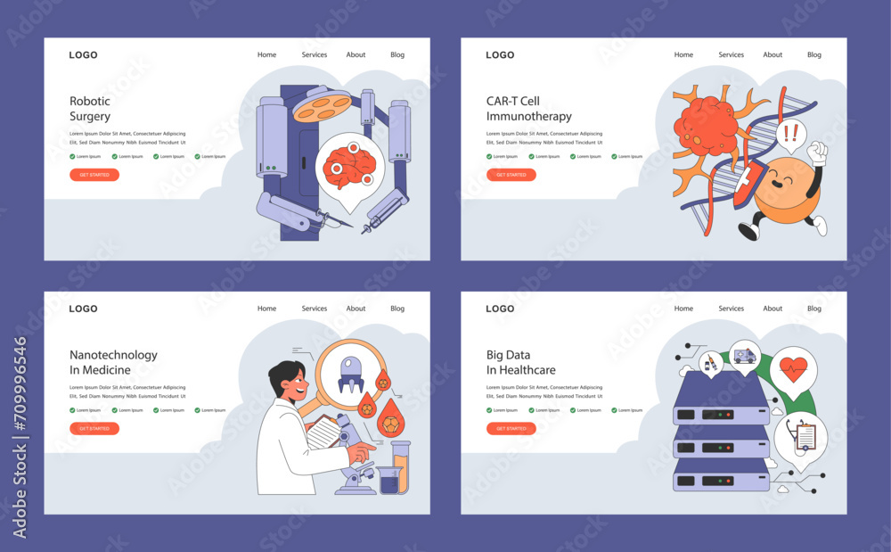Innovative Medical Techniques set. Highlights robotic surgery, CAR-T cell immunotherapy, nanotechnology in medicine, and big data in healthcare. Flat vector illustration.
