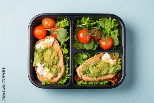 An attractive and health-conscious school lunch scene shot from above. The lunch box contains delicious healthy food. Space for text or advertising. photo